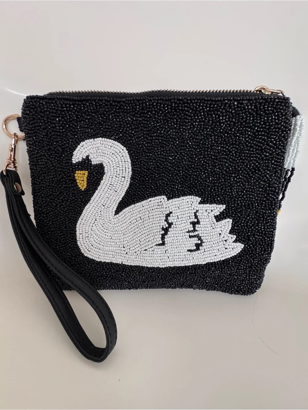 Sincerely Jules Swan Beaded Wristlet Clutch Black White Statement Evening Bag